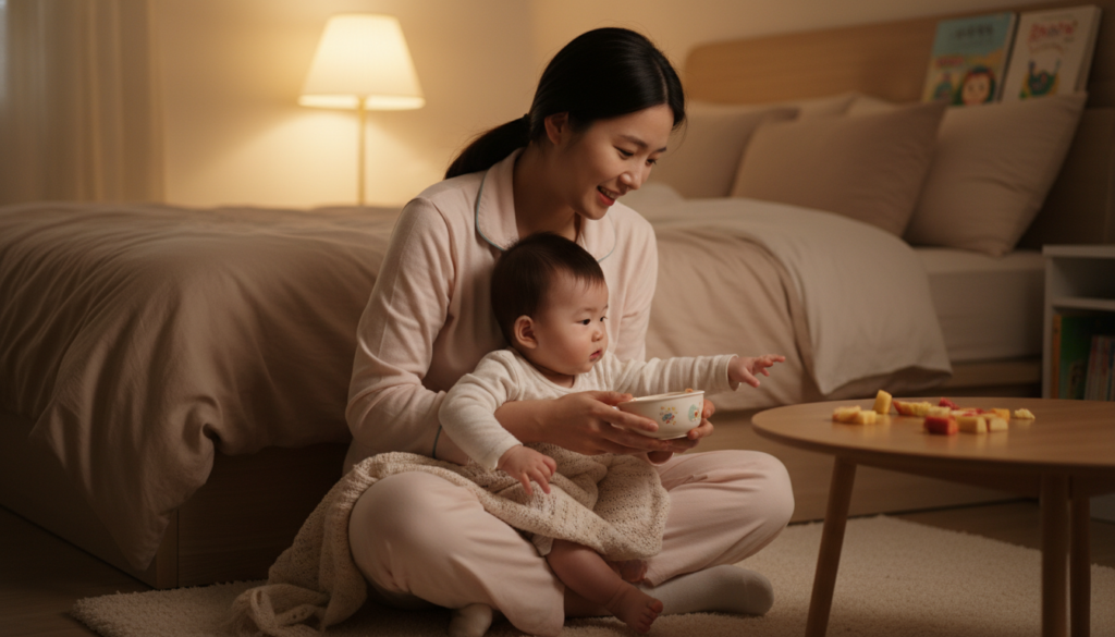 유아 식사 예절이 돌아다니면서 먹으려 할 때